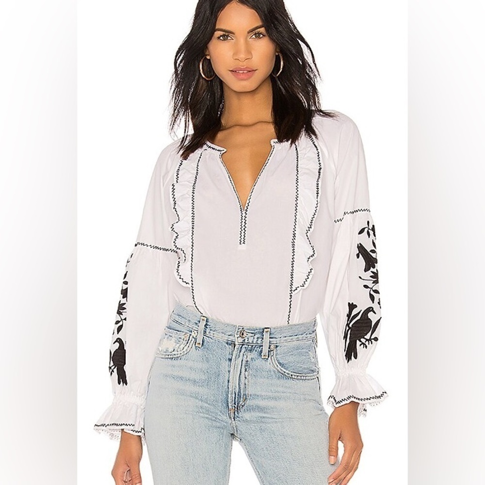 Joie Revolve Cleavanta White Cotton Peasant Bird Embroidered Puff Sleeve Blouse